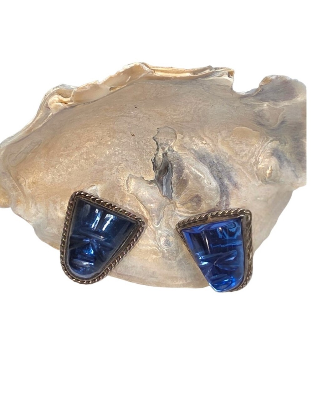 Vintage JB Mexico Sterling Silver Carved Blue Glass Clip Earrings 1940s